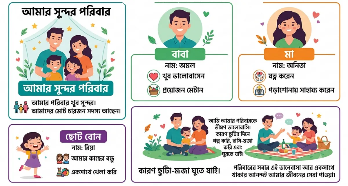 আমার পরিবার রচনা: শ্রেণী ১ থেকে ৮ পর্যন্ত সহজ ও সম্পূর্ণ গাইড 3 আমার পরিবার রচনা লেখার সহজ গাইড দেখানো ইনফোগ্রাফিক, শ্রেণী ১ থেকে ৮ এর শিক্ষার্থীদের জন্য পরিবার পরিচিতি, সদস্যদের নাম ও রচনার কাঠামো সহ