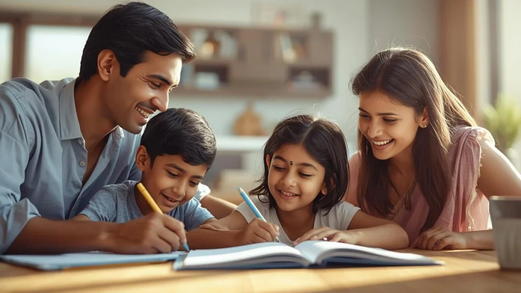 বাড়িতে বাবা-মা সন্তানদের পড়াশোনায় সাহায্য করছেন, যেখানে পারিবারিক যত্ন ও বন্ধন স্পষ্ট

