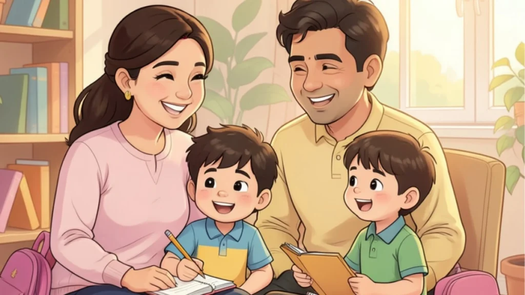 My Family Essay for Class 1 to 8 (10 Lines, Short & Long Essay | Easy for Students & Exams) 4 Happy parents helping children write a family essay at home