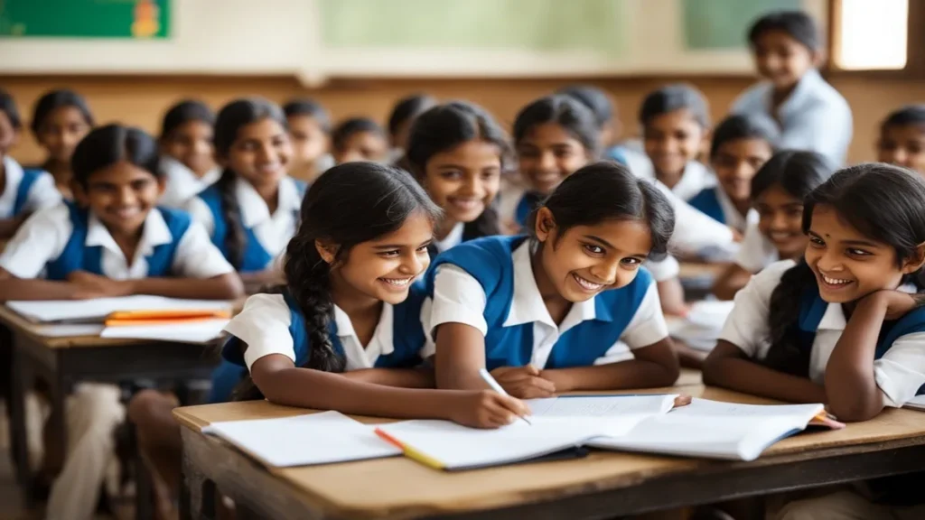 Students writing My School Essay in classroom for classes 1 to 8