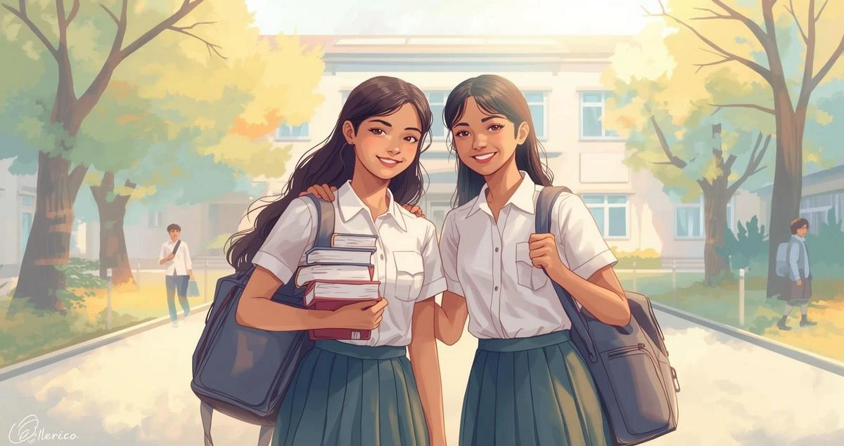 Two school best friends smiling together representing friendship speech for students