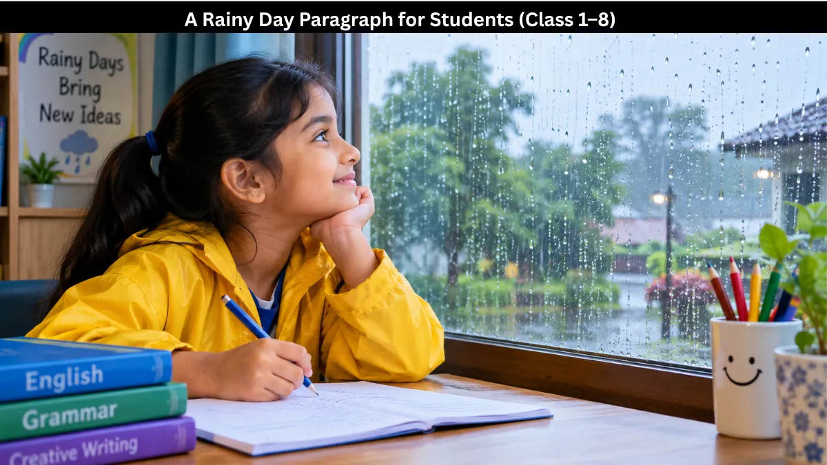 A student writing a rainy day paragraph beside a rain-covered window