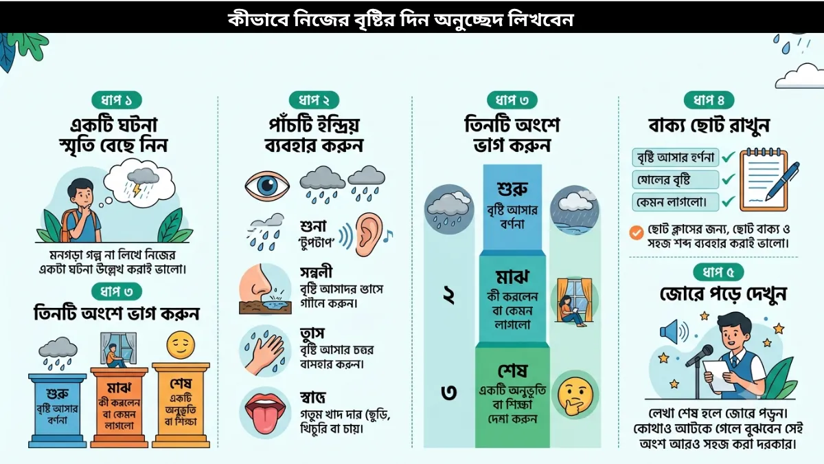 বৃষ্টির দিন অনুচ্ছেদ শিক্ষার্থীদের জন্য (১ম–৮ম শ্রেণী ) | A Rainy Day Paragraph 3 একটি রঙিন চিত্রাঙ্কন যেখানে বর্ষার দিনে স্কুলে যাওয়া শিক্ষার্থীরা ছাতা মাথায় দিয়ে হাঁটছে এবং পটভূমিতে বৃষ্টি ও মেঘযুক্ত পরিবেশ দেখা যাচ্ছে, যা শিক্ষার্থীদের জন্য বৃষ্টির দিন অনুচ্ছেদ লেখার দিকনির্দেশনা নির্দেশ করে।