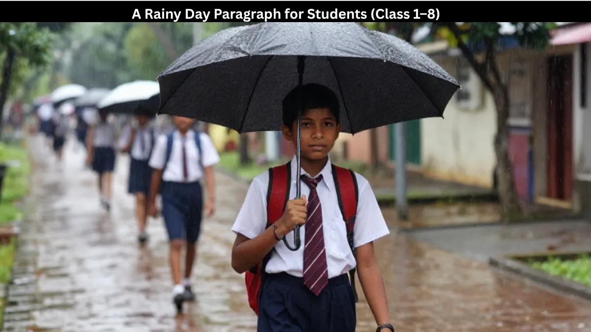 Student writing a paragraph while watching rain through a window