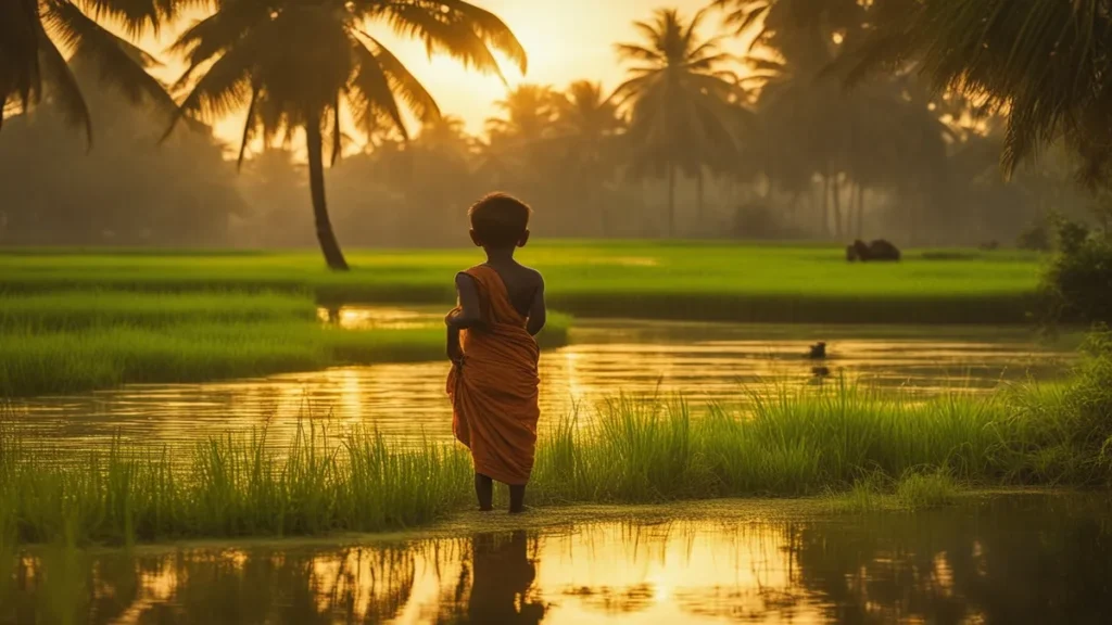আমার গ্রাম অনুচ্ছেদ (Class 1–8) | সহজ বাংলা My Village Paragraph 4 A child standing near a pond in a peaceful Bengali village with green fields and sunset sky
