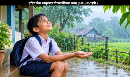A schoolgirl enjoying a rainy day while sitting on a covered porch with a warm drink and books