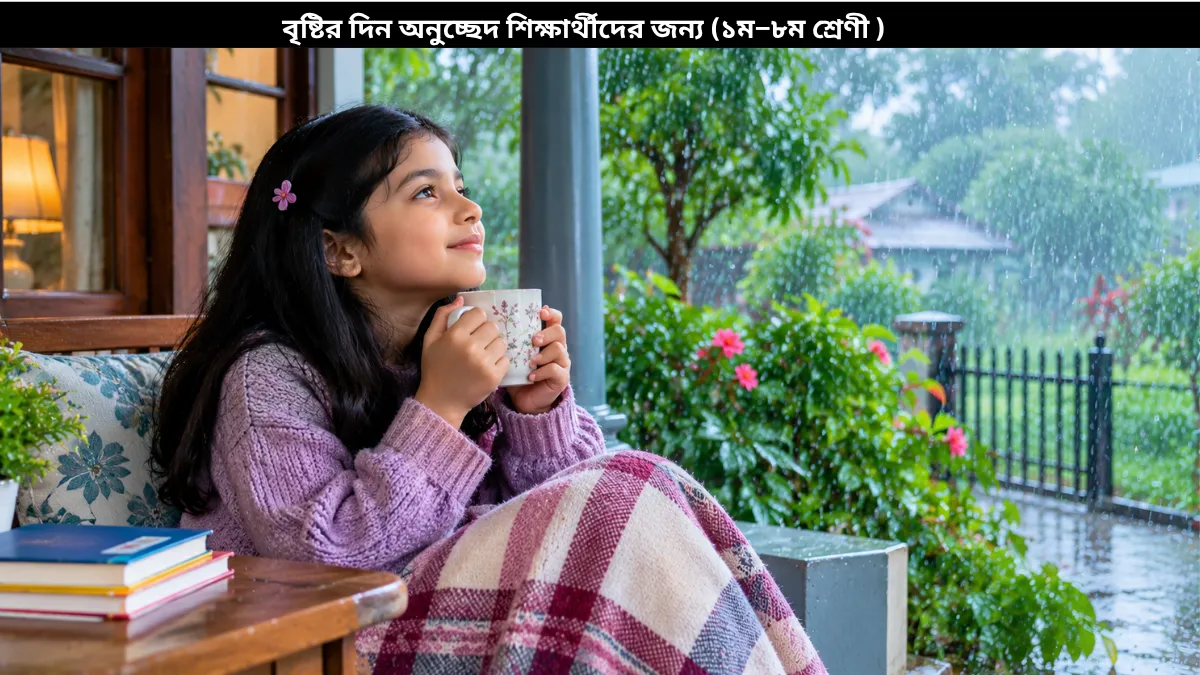 বৃষ্টির দিন অনুচ্ছেদ শিক্ষার্থীদের জন্য (১ম–৮ম শ্রেণী ) | A Rainy Day Paragraph 2 A student enjoying a peaceful rainy day surrounded by books and lush green scenery