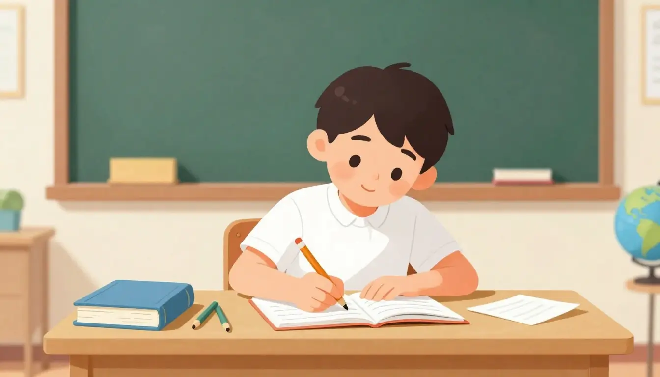 teacher writing essay topic on blackboard while primary school students learn essay writing