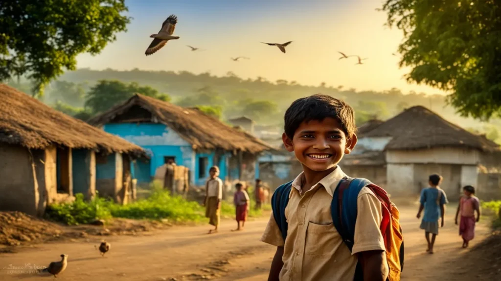 Smiling school child in a peaceful Indian village with green fields, houses, and morning sunlight