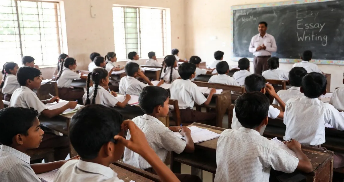 বিদ্যালয়ে শিক্ষার্থীরা খাতায় প্রবন্ধ লিখছে এবং শিক্ষক ব্ল্যাকবোর্ডে বিষয় বুঝিয়ে দিচ্ছেন