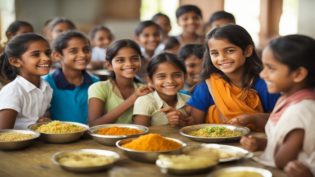 My Favourite Food Paragraph For Class 1, 2, 3, 4, 5, 6, 7, 8 4 Happy school children enjoying healthy homemade food like rice dal and vegetables together