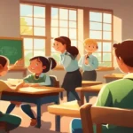 My Classroom Essay for students showing a classroom with teacher and students