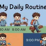 My daily routine essay for students showing morning, school, and evening activities