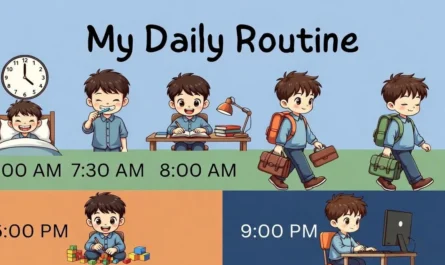My daily routine essay for students showing morning, school, and evening activities