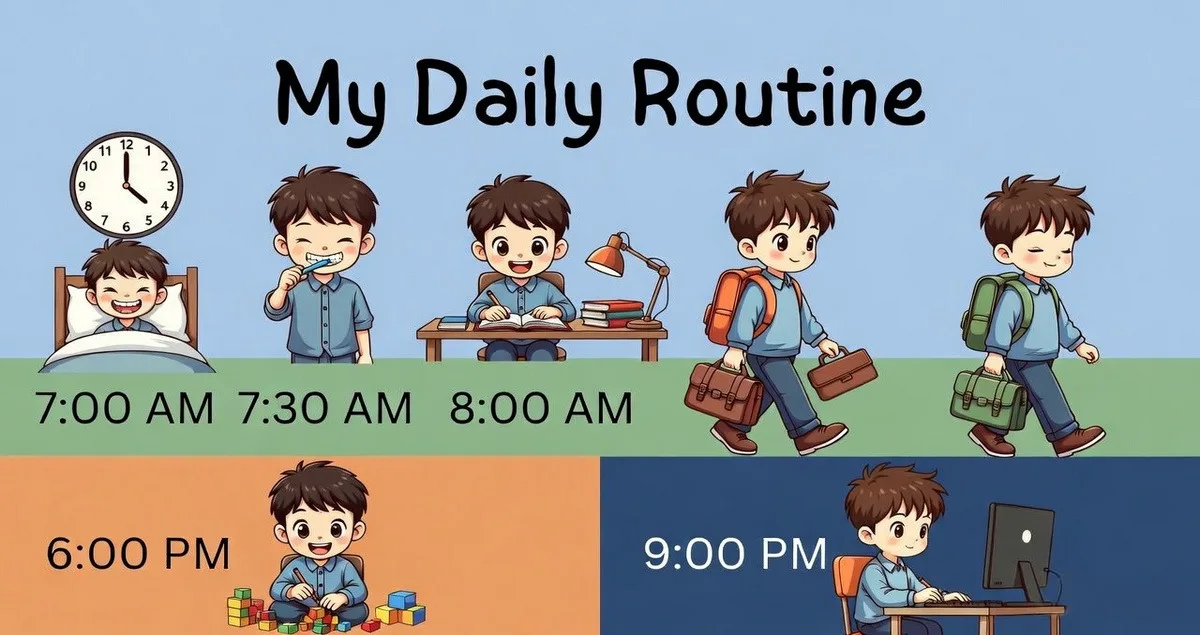 My daily routine essay for students showing morning, school, and evening activities