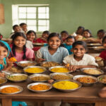My favourite food paragraph for class 1 to 8 students showing kids eating healthy homemade food like rice dal and vegetable pulao
