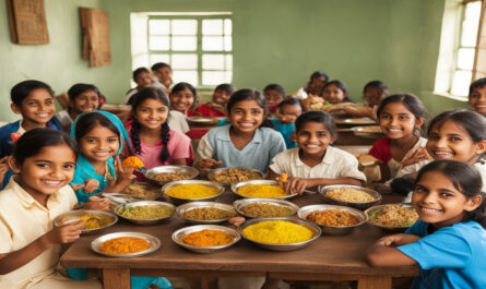 My favourite food paragraph for class 1 to 8 students showing kids eating healthy homemade food like rice dal and vegetable pulao