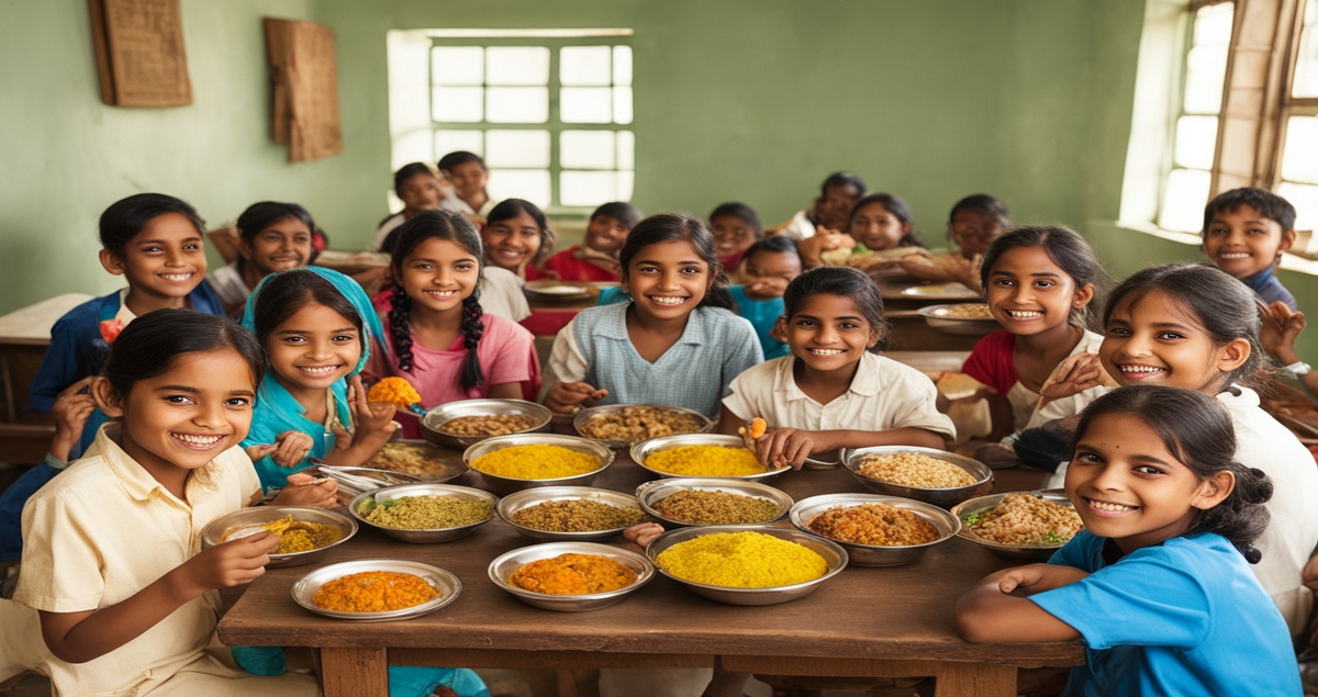 My favourite food paragraph for class 1 to 8 students showing kids eating healthy homemade food like rice dal and vegetable pulao