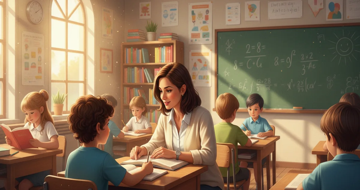 My Teacher Essay classroom scene showing a teacher guiding a student – আমার শিক্ষক প্রবন্ধ