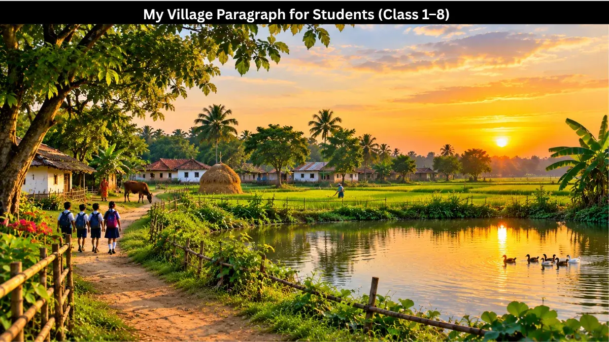 Golden hour view of a South Asian village with fields and pond