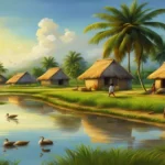 A peaceful Bengali village with green fields, pond, trees, and children playing in nature