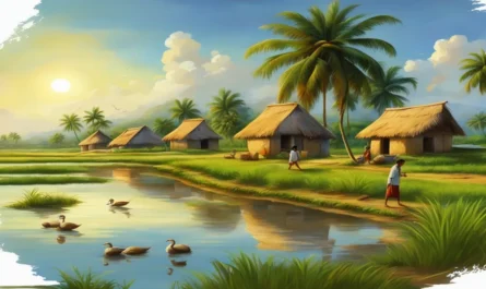 A peaceful Bengali village with green fields, pond, trees, and children playing in nature