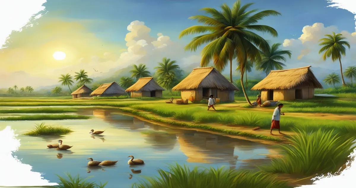 A peaceful Bengali village with green fields, pond, trees, and children playing in nature