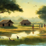 Peaceful Indian village scene with green fields, mud houses, children playing, and farmers working in the morning