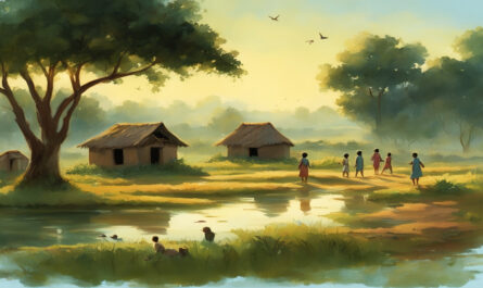 Peaceful Indian village scene with green fields, mud houses, children playing, and farmers working in the morning