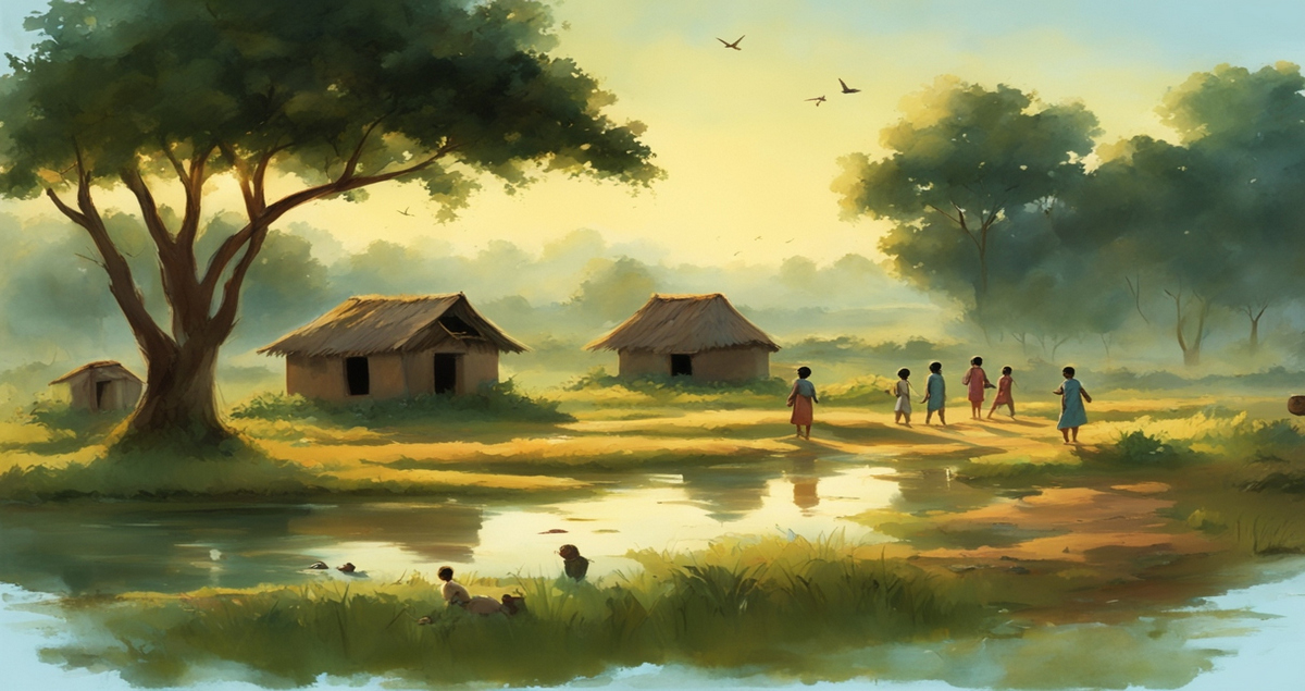 Peaceful Indian village scene with green fields, mud houses, children playing, and farmers working in the morning