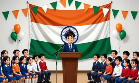 স্কুলে প্রজাতন্ত্র দিবসের অনুষ্ঠানে একজন শিক্ষার্থী বক্তৃতা দিচ্ছে এবং পেছনে ভারতের তেরঙা পতাকা উড়ছে