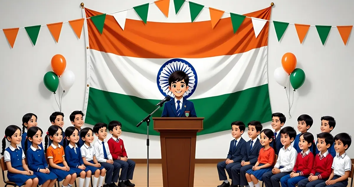 স্কুলে প্রজাতন্ত্র দিবসের অনুষ্ঠানে একজন শিক্ষার্থী বক্তৃতা দিচ্ছে এবং পেছনে ভারতের তেরঙা পতাকা উড়ছে