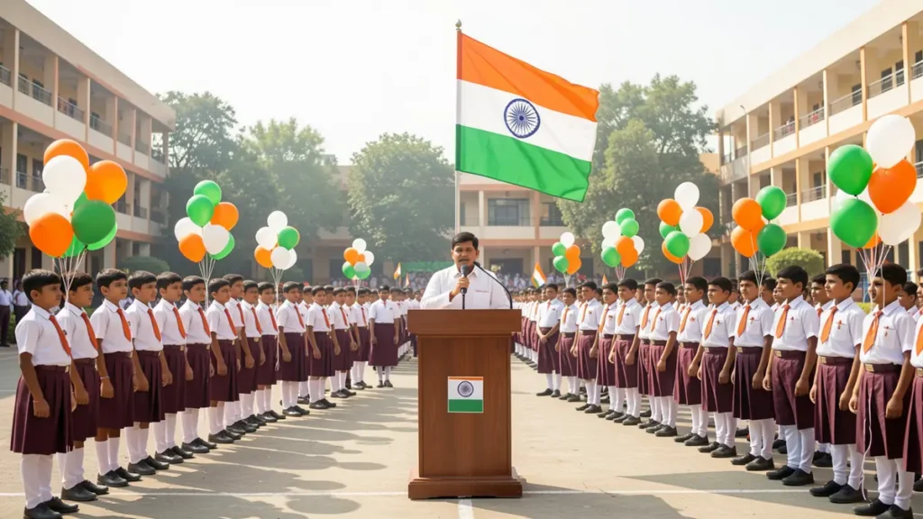 Republic Day Speech for School Students (Class 1–8) 4 An Indian school student delivering a Republic Day speech at a podium with the national flag and classmates standing during a school celebration.