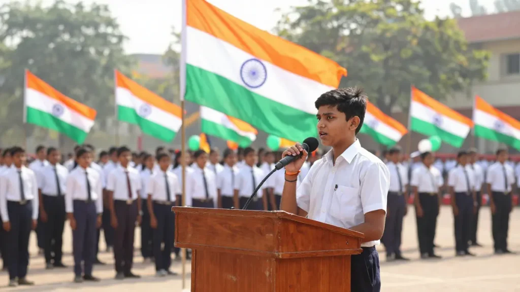 Republic Day Speech for Students | প্রজাতন্ত্র দিবসের বক্তৃতা (স্কুল শিক্ষার্থীদের জন্য) 4 স্কুলে প্রজাতন্ত্র দিবসের অনুষ্ঠানে একজন শিক্ষার্থী বক্তৃতা দিচ্ছে এবং পেছনে ভারতের তেরঙা পতাকা উড়ছে