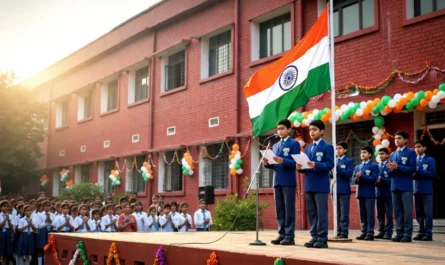 A school student delivering a Republic Day speech at a school event with the Indian tricolor flag in the background.