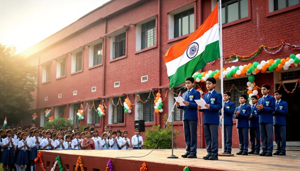 A school student delivering a Republic Day speech at a school event with the Indian tricolor flag in the background.