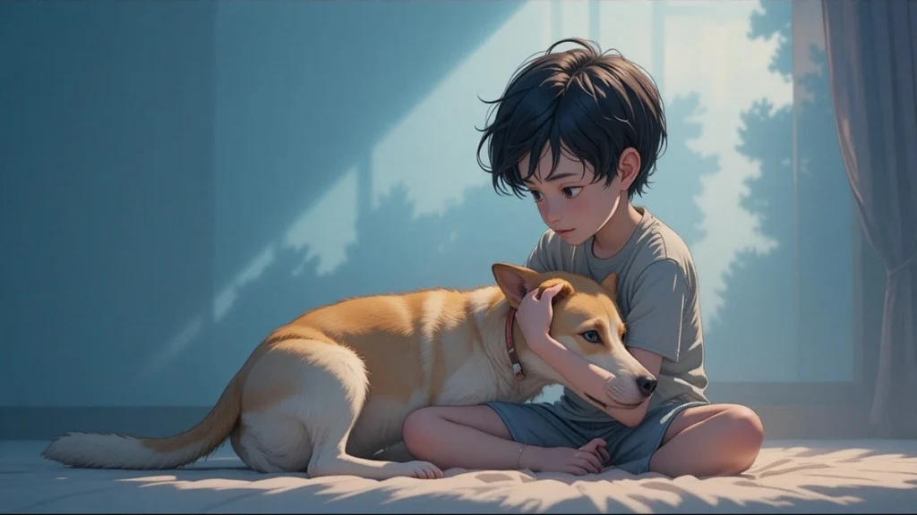 পড়ার টেবিলে বসা এক শিশু, পাশে তার প্রিয় পোষা কুকুর, উষ্ণ ও আবেগঘন পরিবেশ