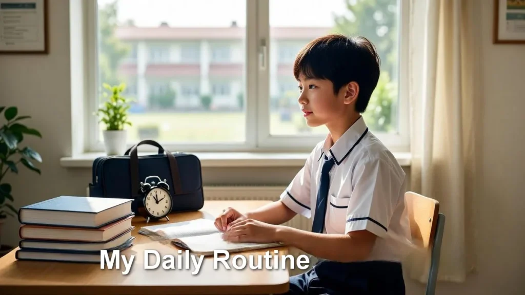 My Daily Routine Essay for Students (Simple English) | Daily Life Essay 4 Student daily routine showing focused study at desk with books, clock, and morning light