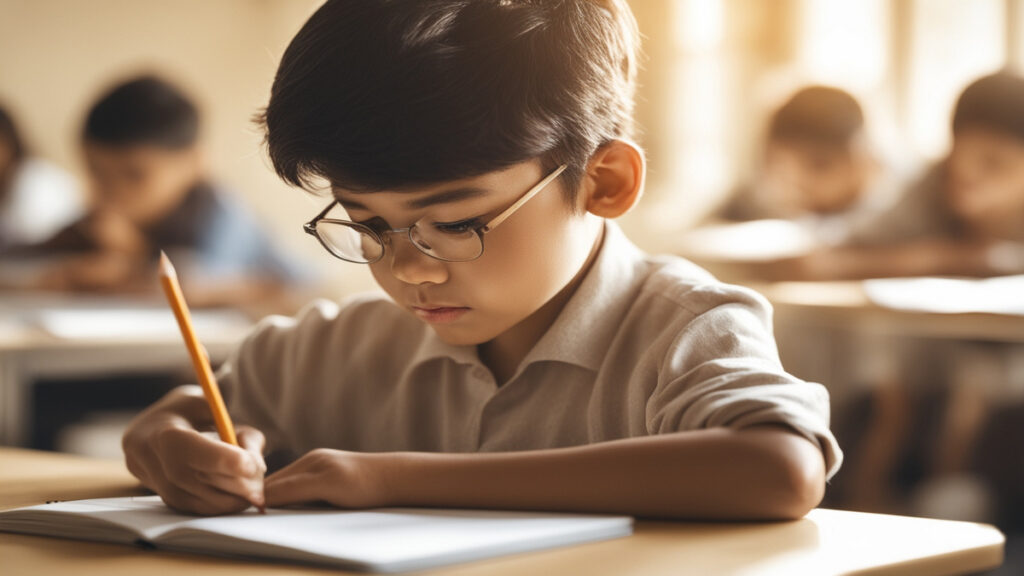 স্কুলের শ্রেণিকক্ষে একজন শিক্ষার্থী খাতায় প্রবন্ধ লিখছে, পাশে শিক্ষক ও অন্যান্য শিক্ষার্থীরা