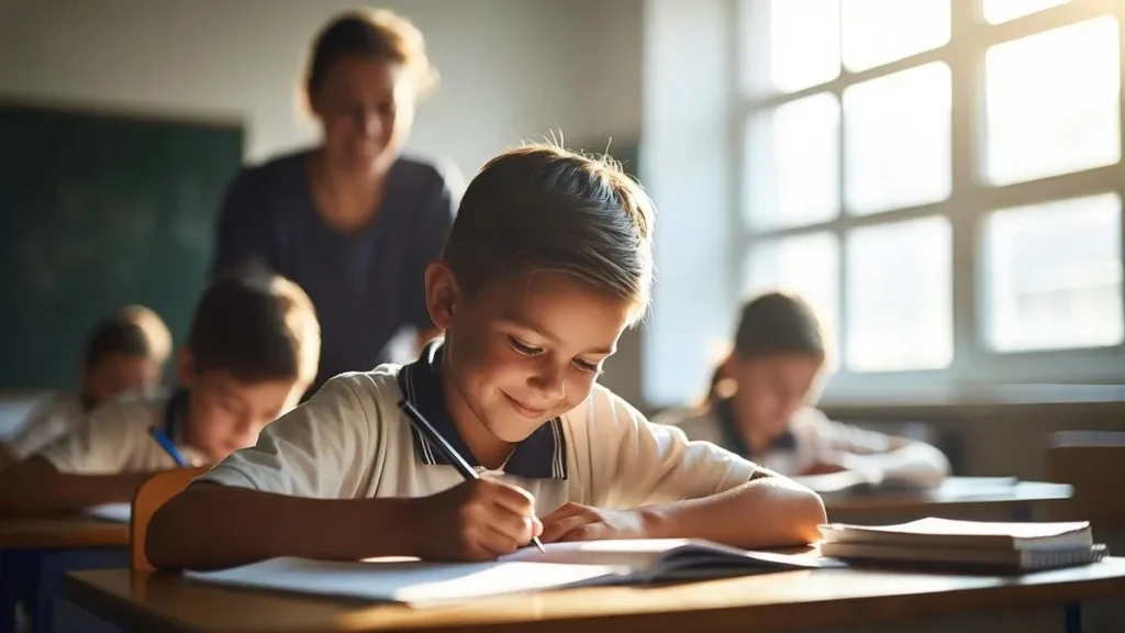 Focused student writing an essay in a classroom with a blurred background and natural light