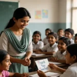 Students giving a thank you card to their teacher in a classroom on Teacher’s Day