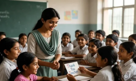 Students giving a thank you card to their teacher in a classroom on Teacher’s Day