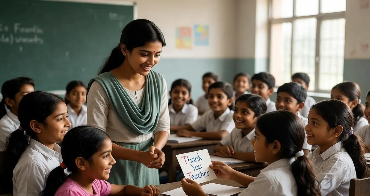 Students giving a thank you card to their teacher in a classroom on Teacher’s Day