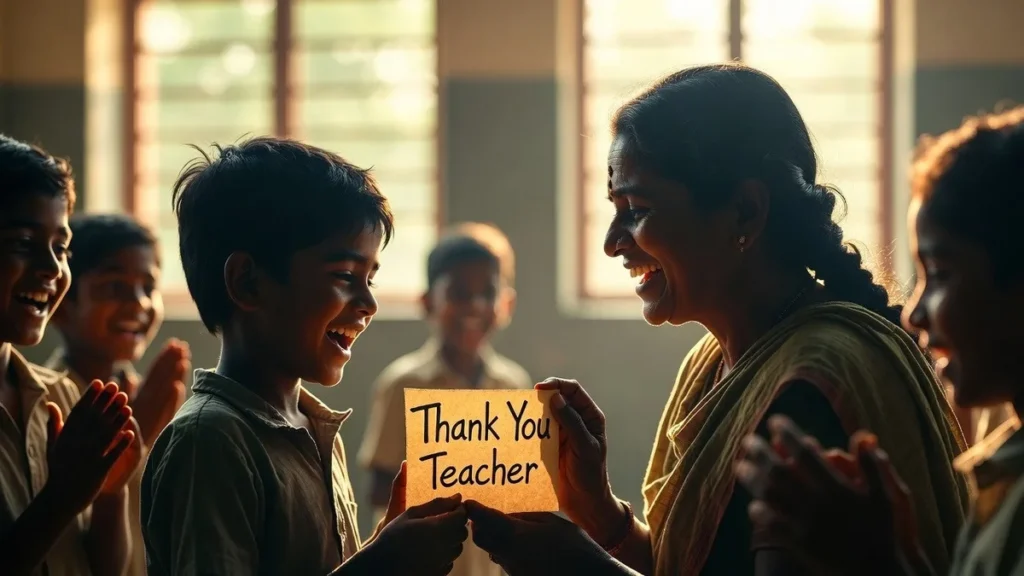 Teacher’s Day Speech for Students (Class 1–8) | Short & Emotional Speech 4 Student giving a thank you card to teacher in classroom showing gratitude on Teacher’s Day
