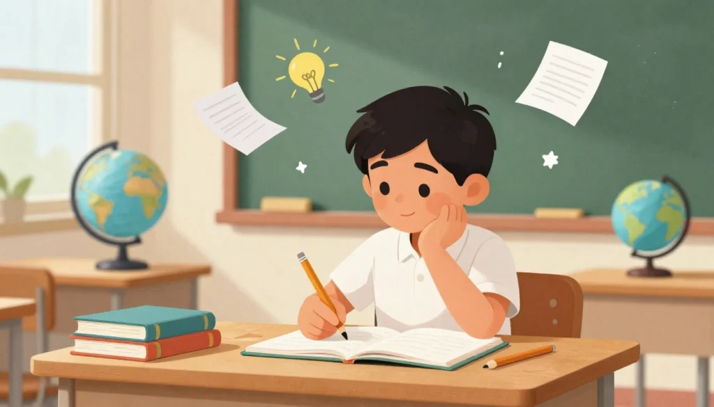 primary school teacher writing essay topic on blackboard while young students learn essay writing