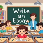 Students writing essays in a classroom while a teacher explains the topic on the blackboard