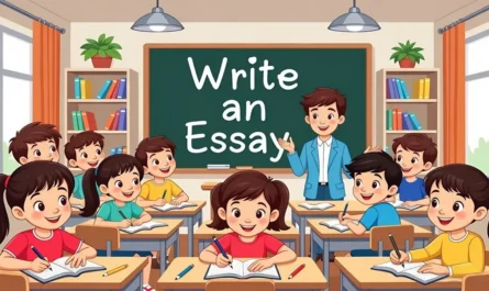 Students writing essays in a classroom while a teacher explains the topic on the blackboard