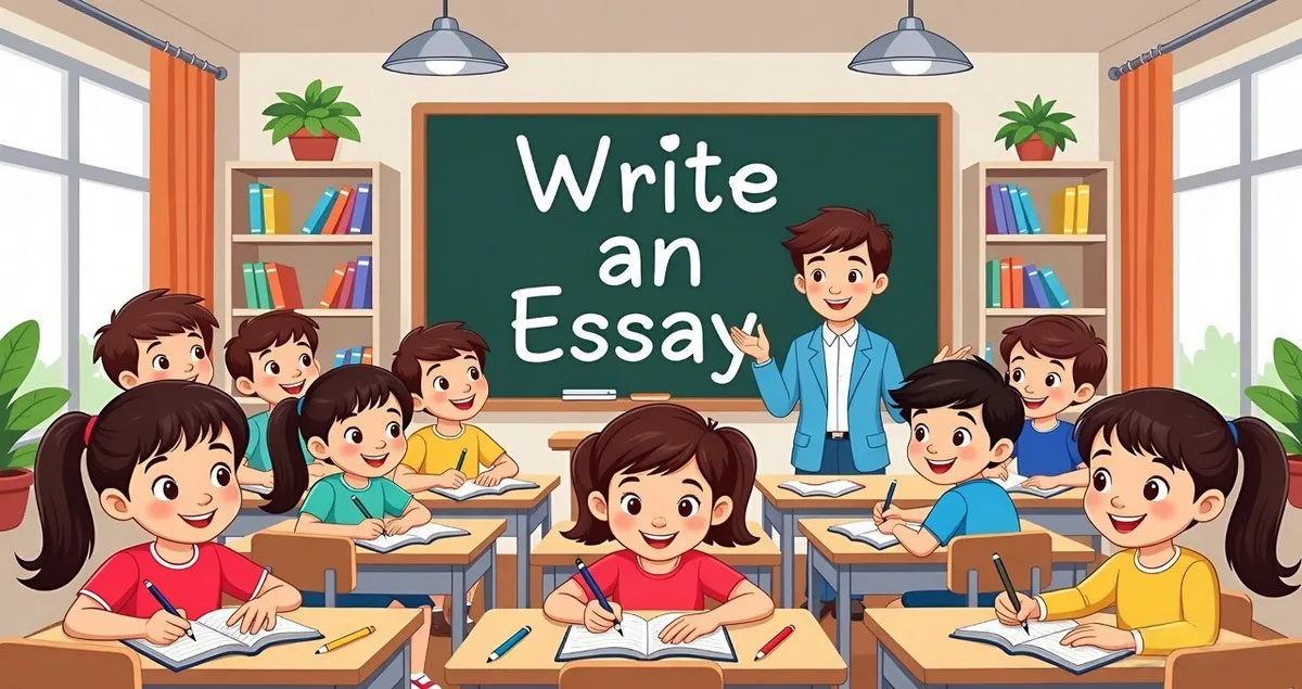 Students writing essays in a classroom while a teacher explains the topic on the blackboard