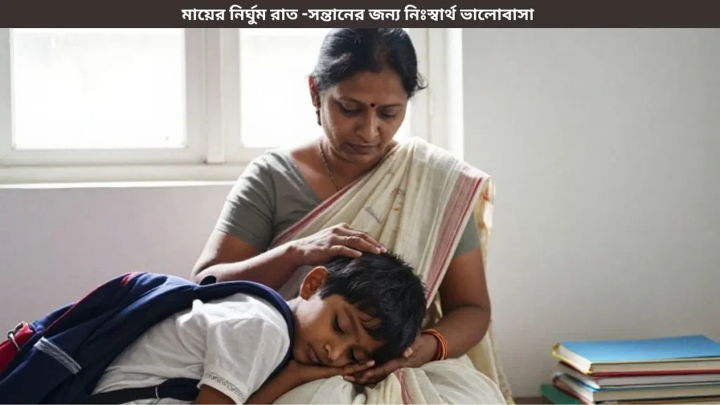 অসুস্থ শিশুর পাশে বসে তার হাত ধরে যত্ন নিচ্ছেন একজন মা, ভালোবাসা ও উদ্বেগের দৃশ্য