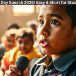 school student giving a children’s day speech on stage with microphone in school function